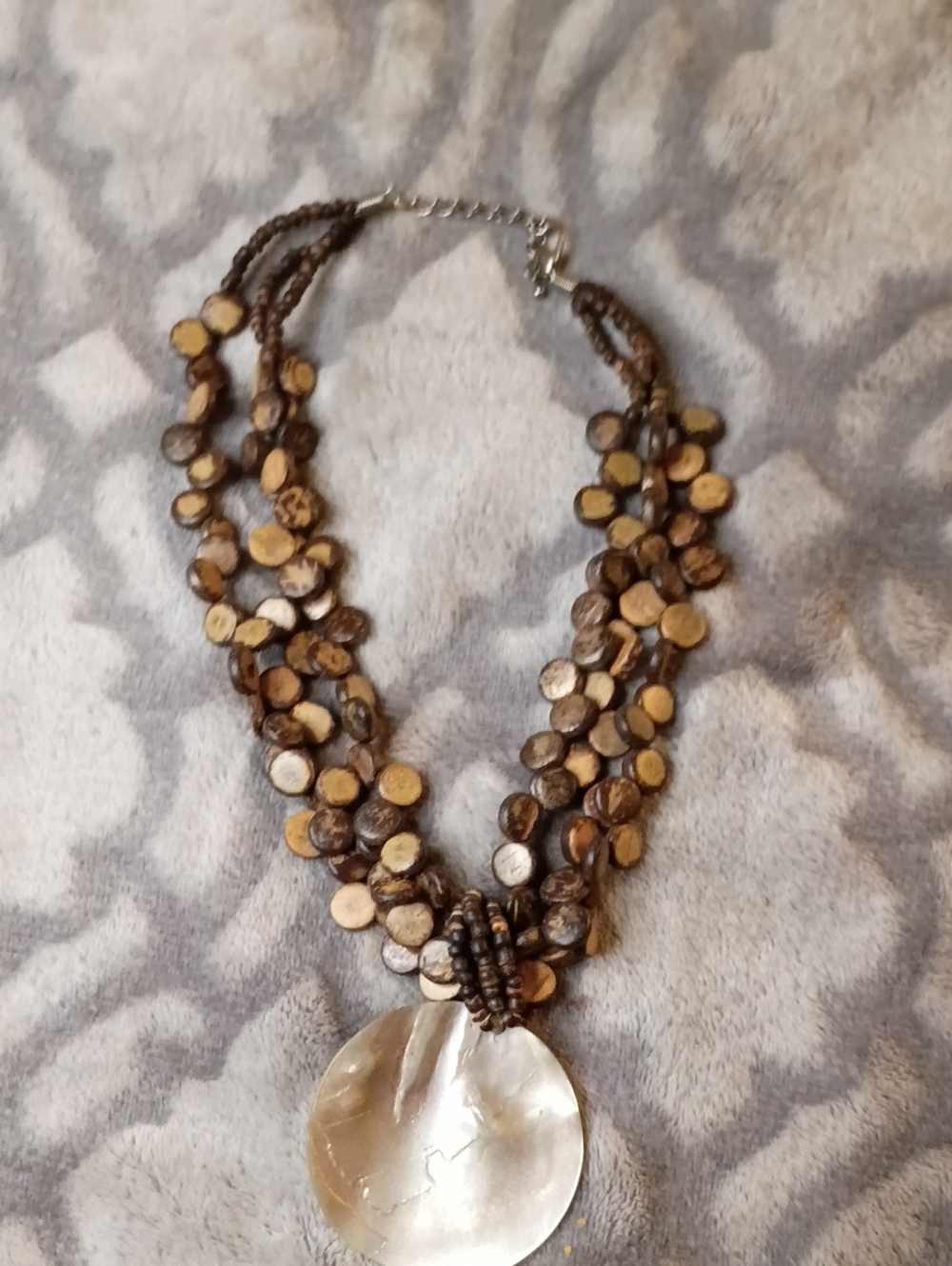 Brown Bead Multi-Strand Necklace with Cream Shell Pendant